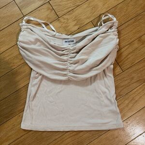 LNA Clothing Ruched Off-the-Shoulder Ribbed Top – Beige